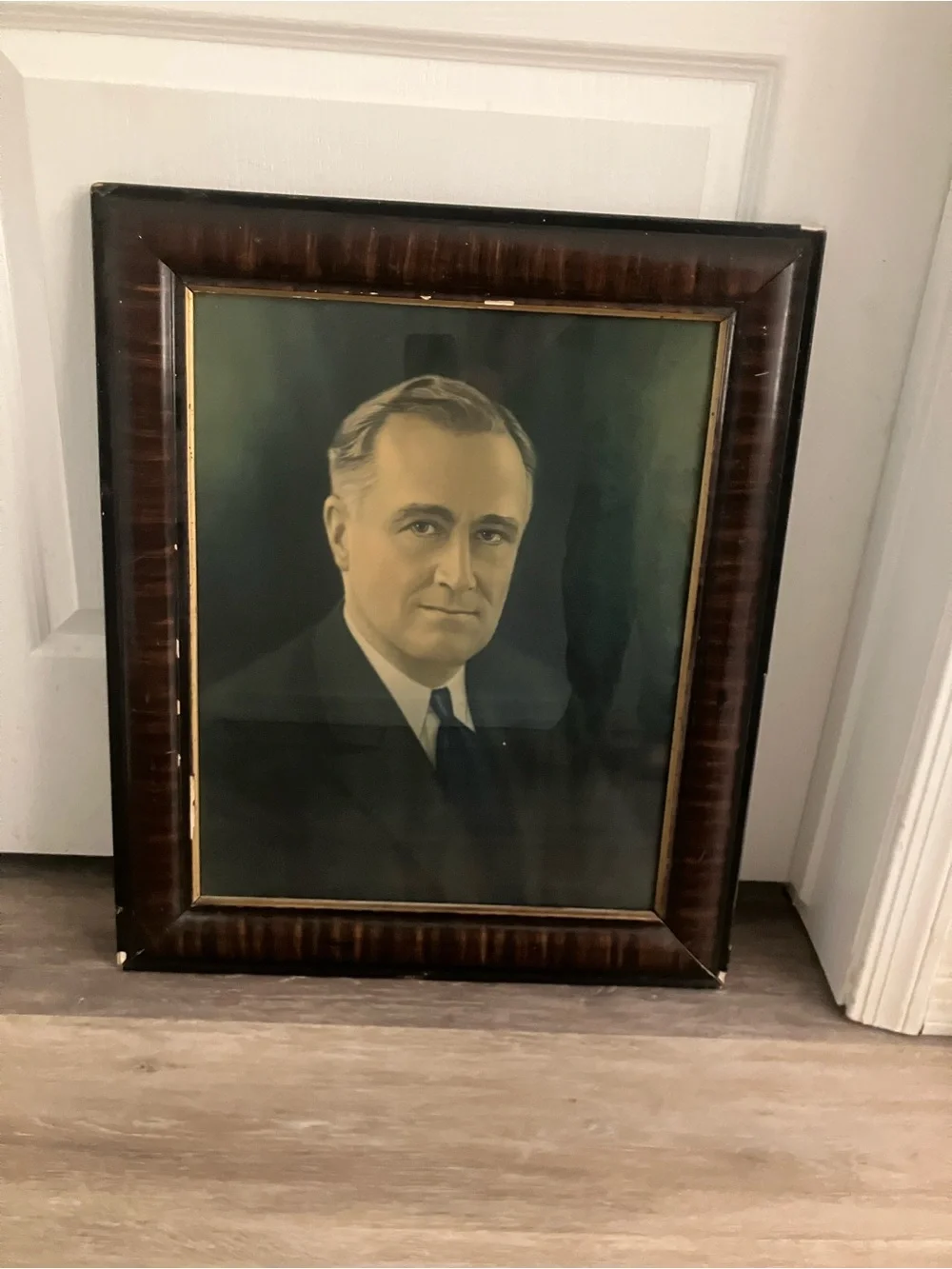 Framed Antique Portrait of FDR in Brown  Frame